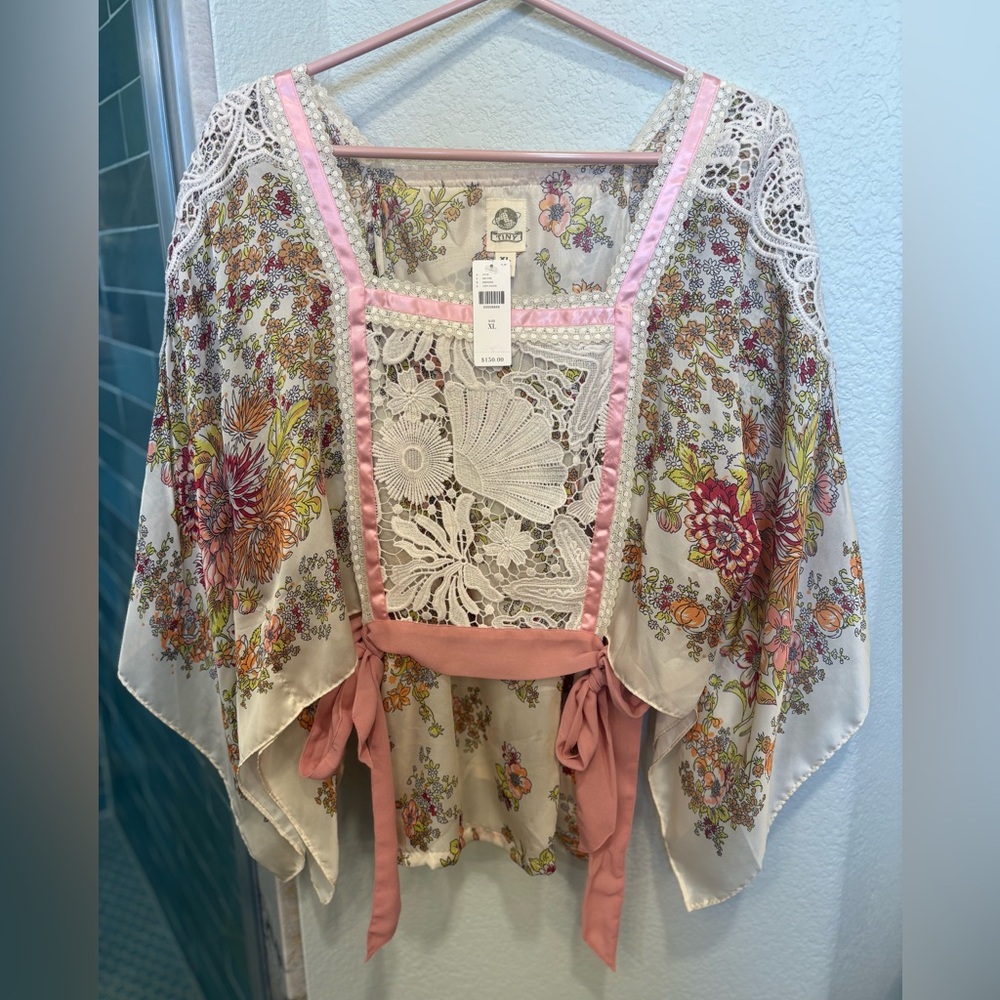 Anthro Pink and Cream Flutter Sleeve Blouse with Tie Front